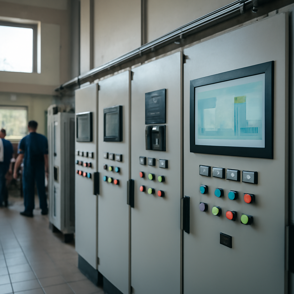 Control room of a water treatment plant with technicians and industrial control panels.