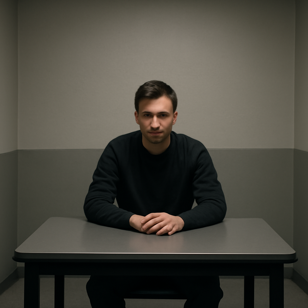 Person sits in detention with hands on table, face blurred.