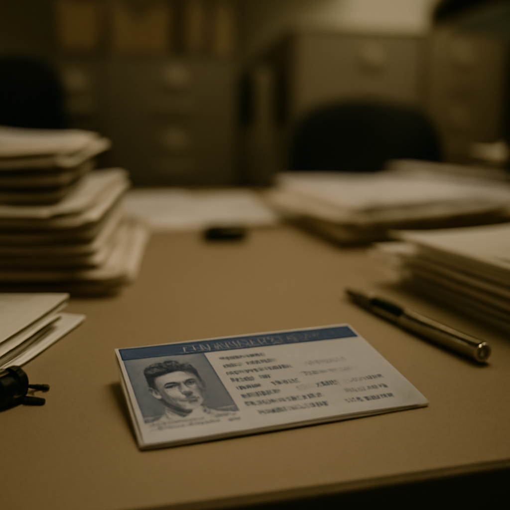 Driver's license on cluttered office desk surrounded by paperwork and supplies.
