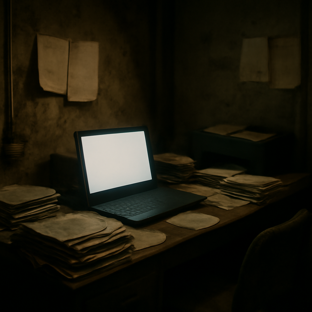 Cluttered, dimly lit room with laptop, papers, and printer.