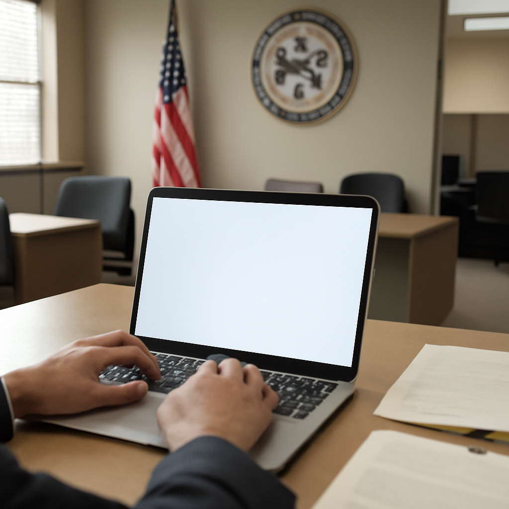 Federal agency office interior with a laptop on a desk and blank screen.