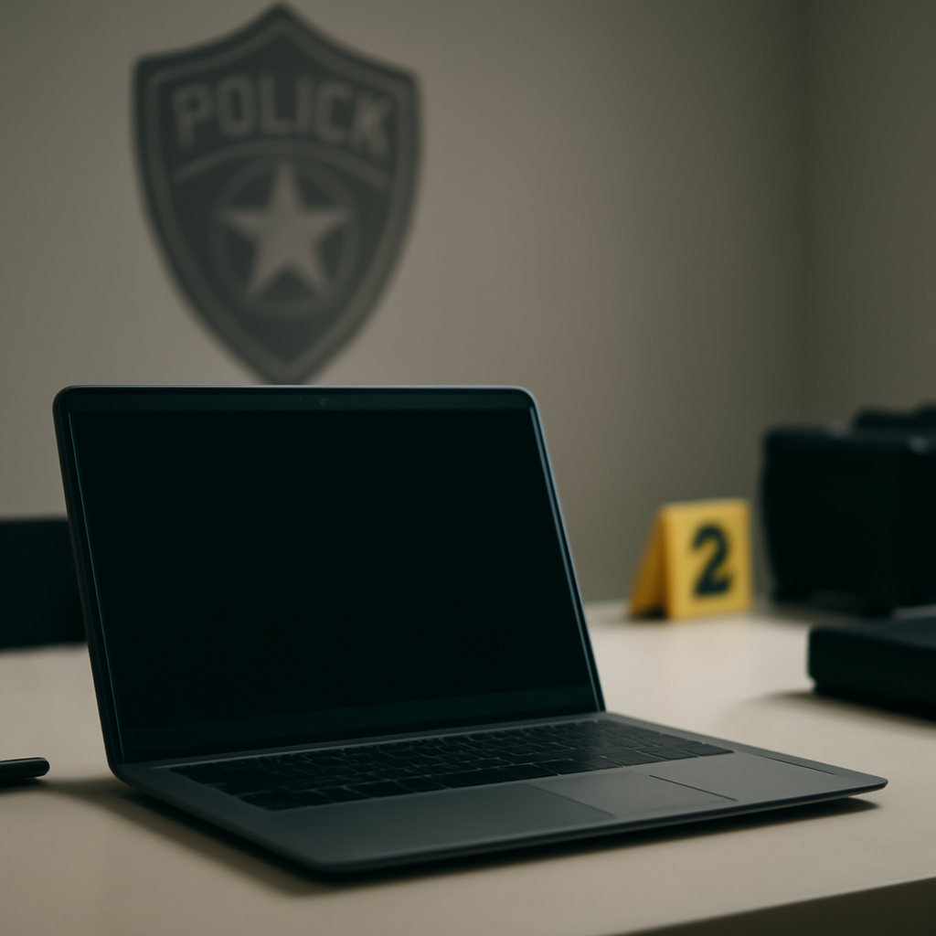 Laptop computer sits on a plain surface, surrounded by blurred law enforcement elements.