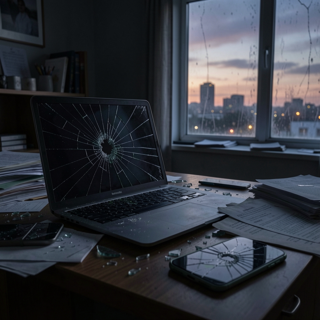 Dimly lit home office with shattered laptop and smartphone, surrounded by scattered papers and broken glass.