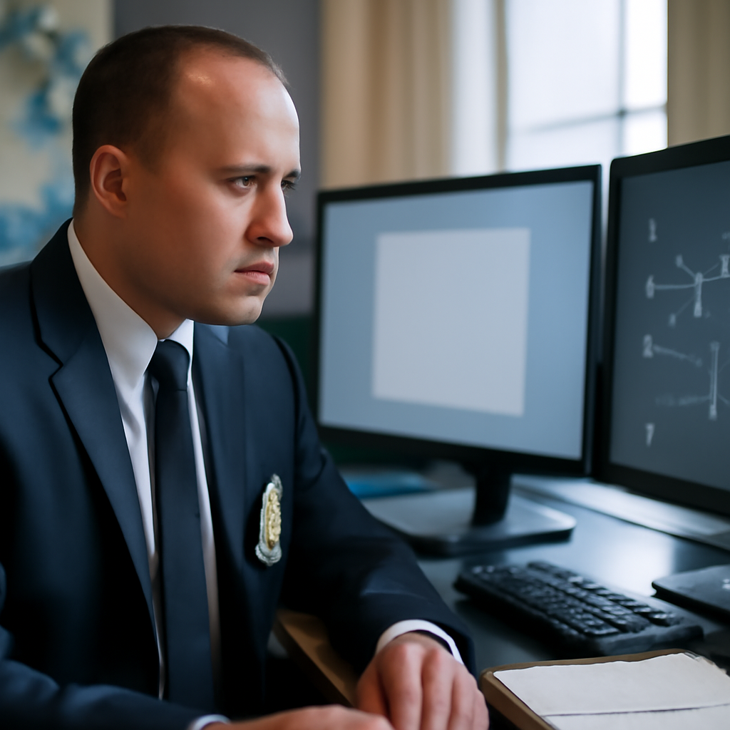 Law enforcement agent examines computer screen with network diagram and globe in background.