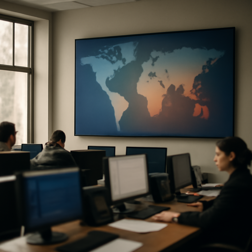 Government agents work at desks in front of a large, blank screen displaying a gradient design near a window.