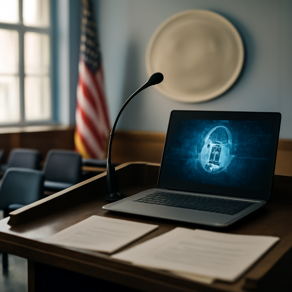 Secure briefing room with podium, chairs, and laptop displaying encryption graphics.