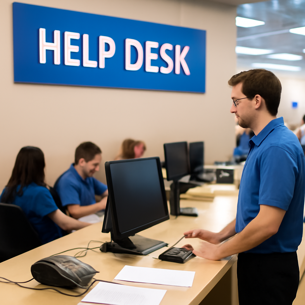 Help desk area with technician and employees in a retail setting.