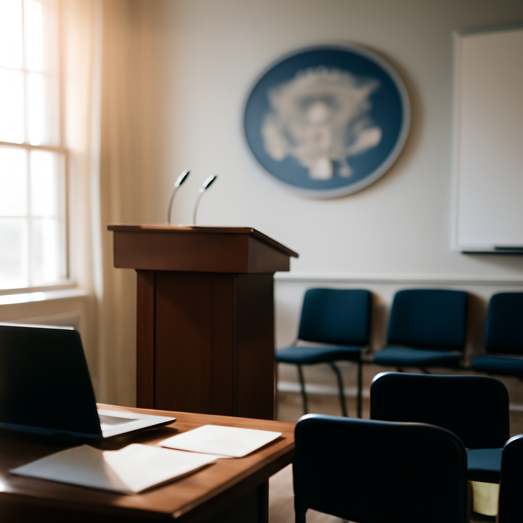 Government briefing room with podium, laptop, and chairs near tall windows.