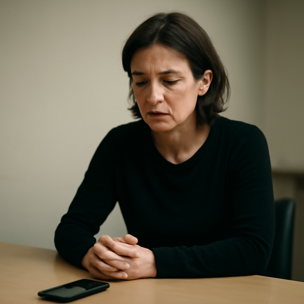 Person sits at table, looking concerned and uncertain with phone in front of them.