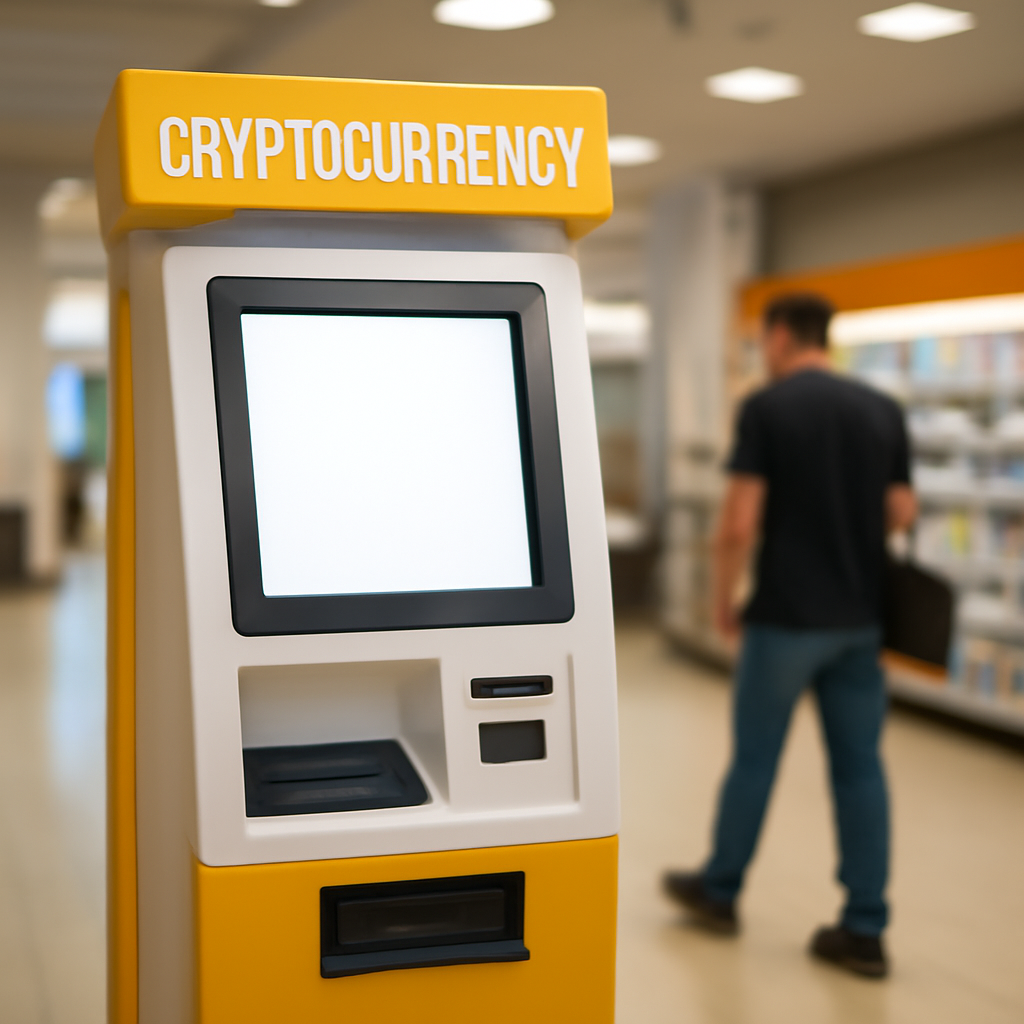 Cryptocurrency kiosk in a public place with a blank screen.