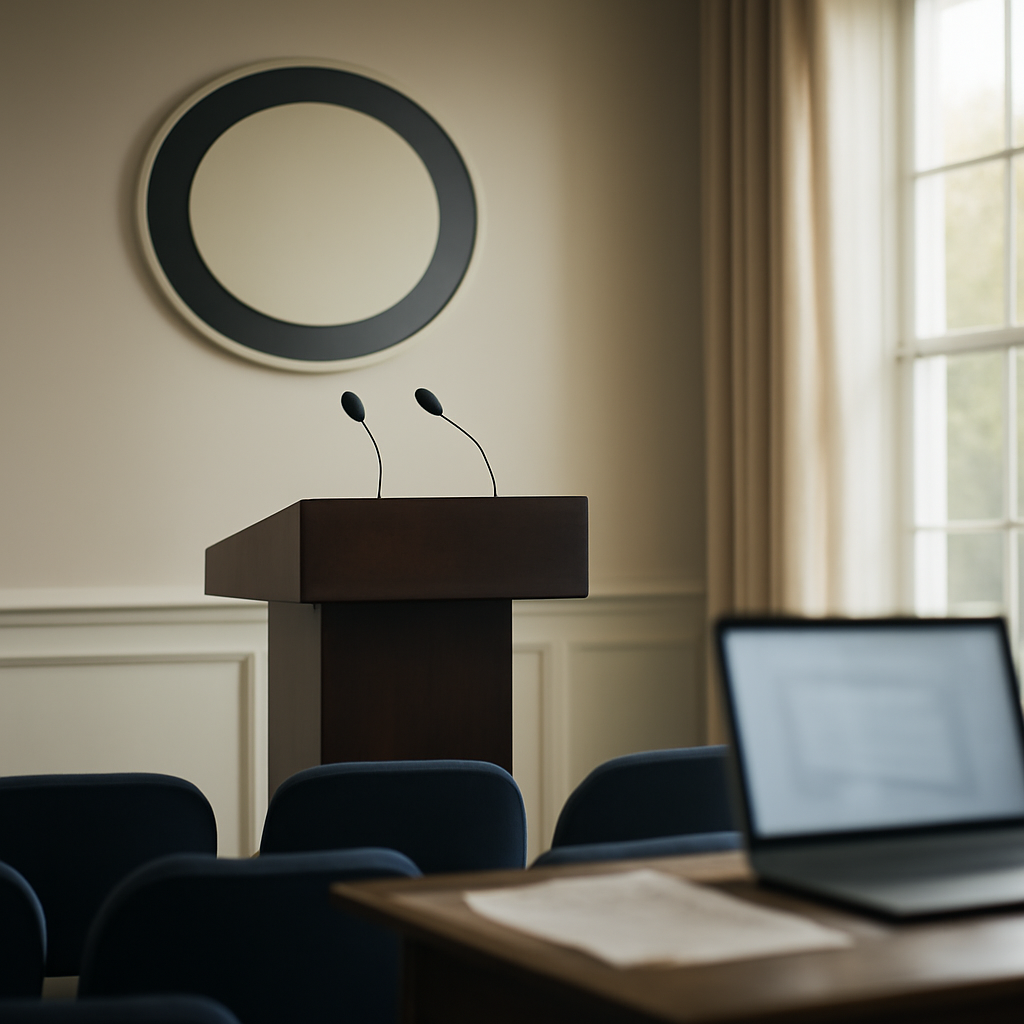 Formal government briefing room with podium, empty chairs, and laptop on a table near a window.