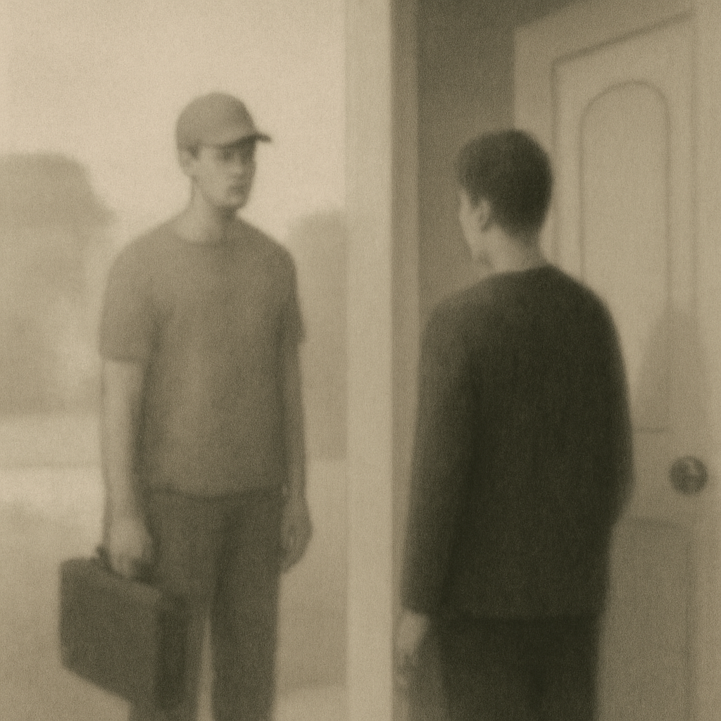Person standing at a residential door with a blurred courier in the background.