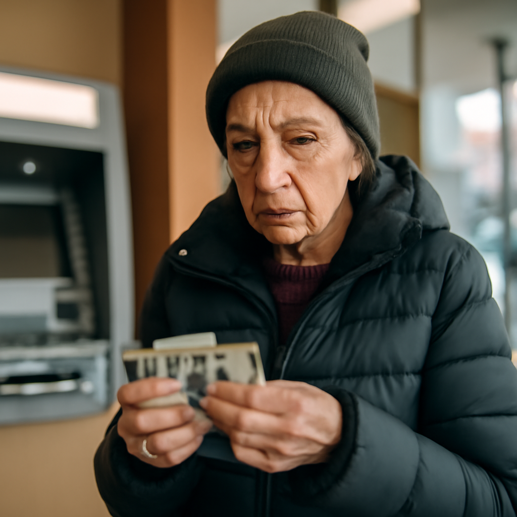 Concerned older adult holding cash in a bank lobby with blurred ATM screen.
