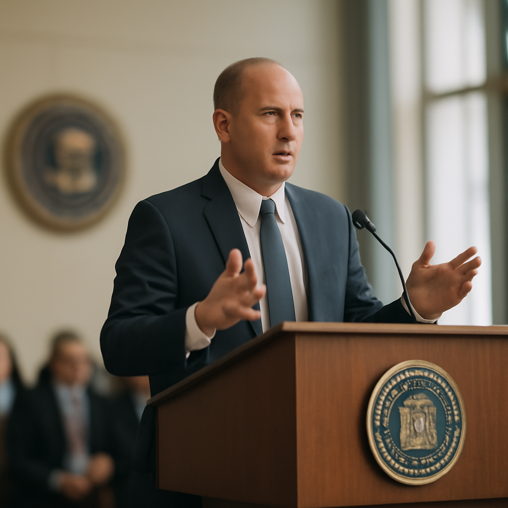 Formal conference setting with podium, blurred audience, and law enforcement emblem, with daylight through tall windows.