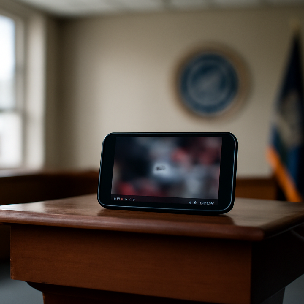 Government agency public area with podium and blurred video on screen.