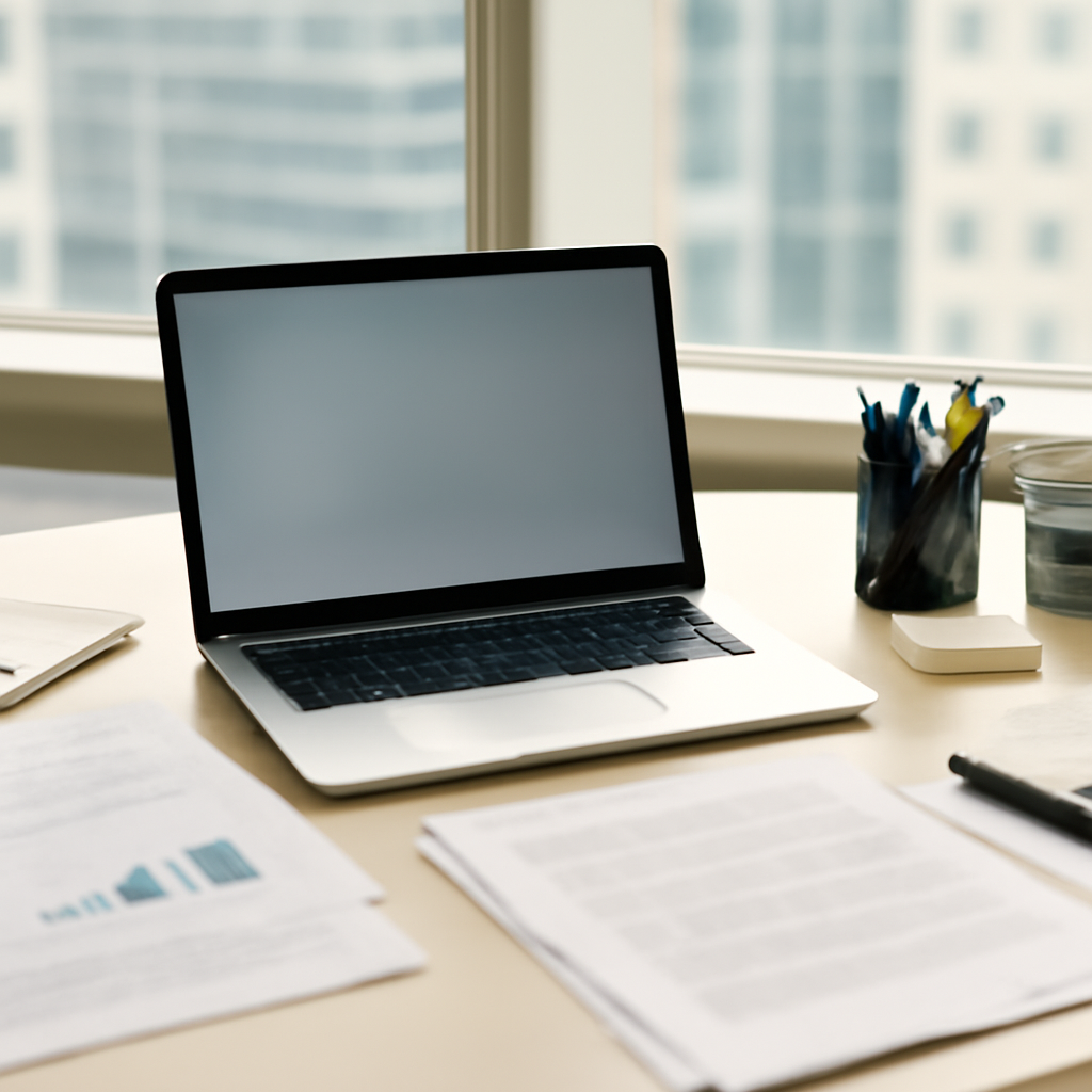 Typical office setting with laptop on desk, surrounded by papers and supplies.