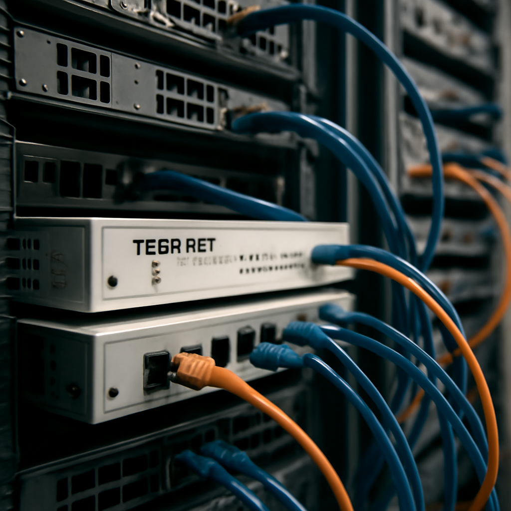 Network equipment and security appliances on racks with a Fortinet device centered.
