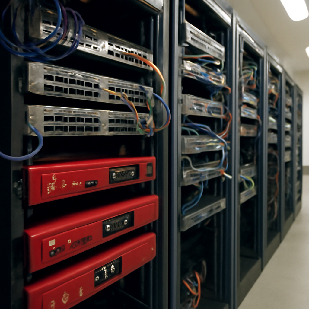 Rows of rack-mounted network devices with blinking lights in a brightly-lit data center.