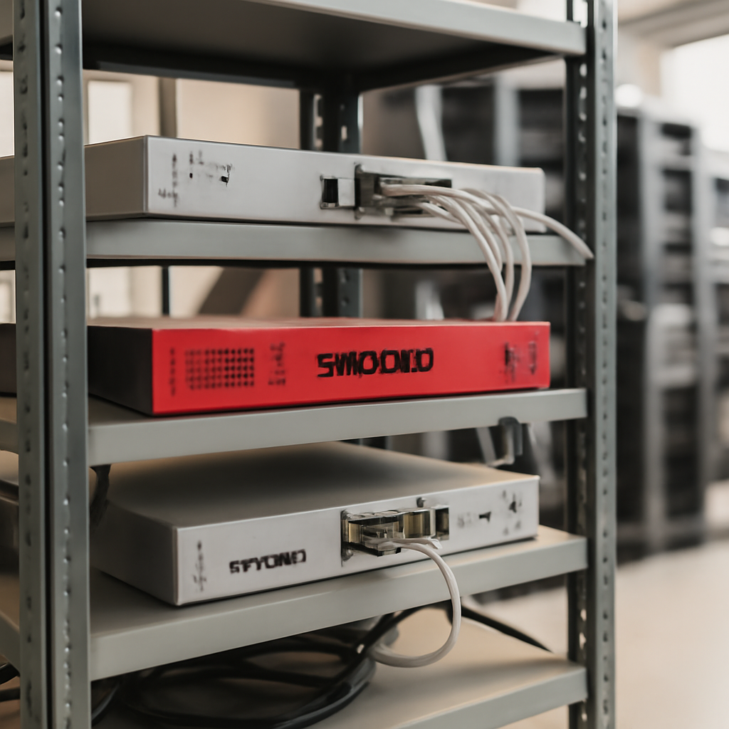 Well-lit network operations center with tidy equipment and prominent firewall on a shelf.