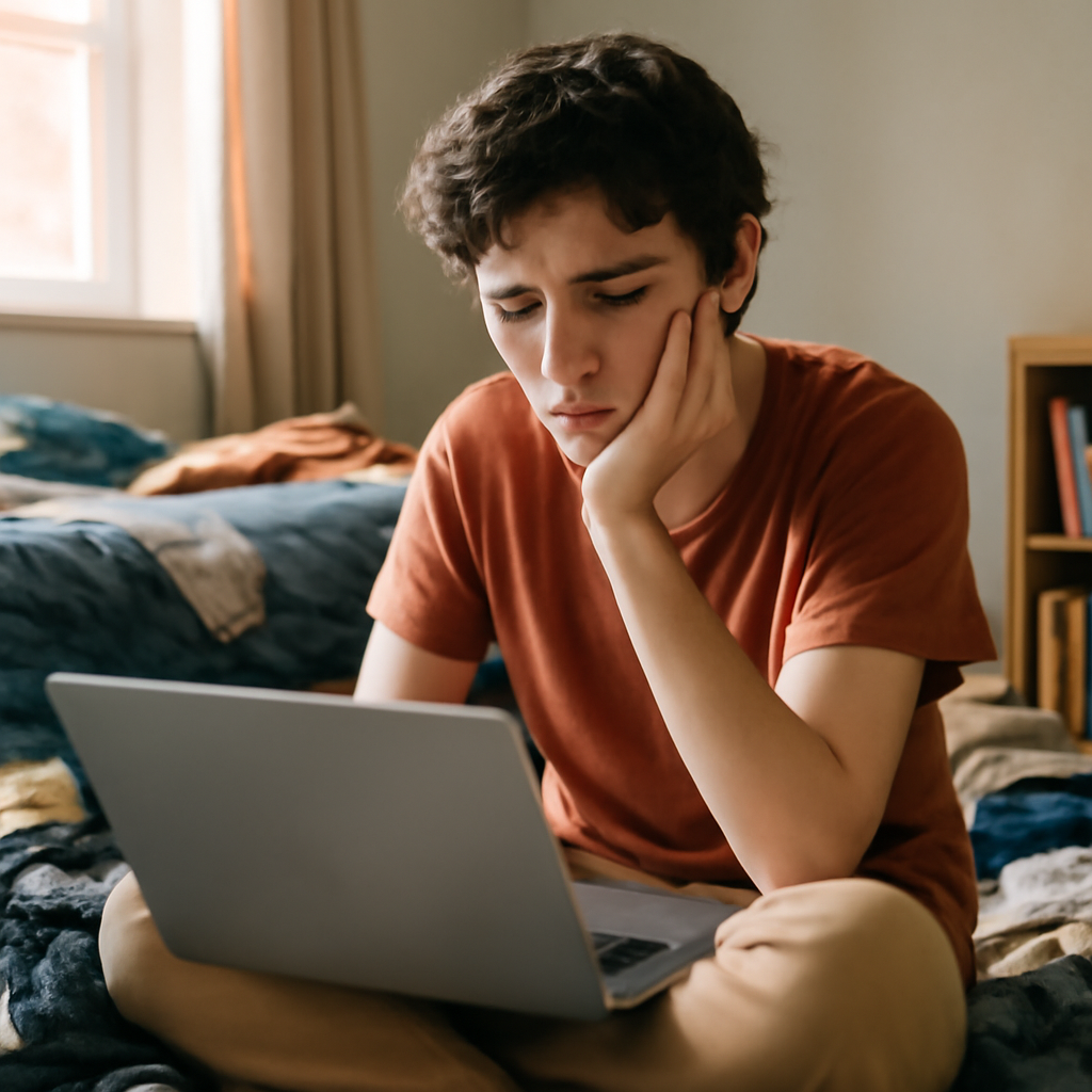 Young person sits in cluttered bedroom, looking worried at laptop screen.