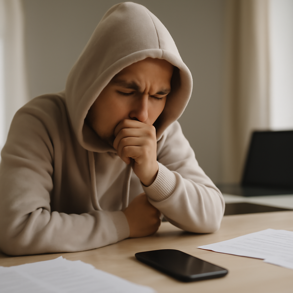 Person sits in quiet room with smartphone, papers, and blurred laptop screen, conveying cautious atmosphere.