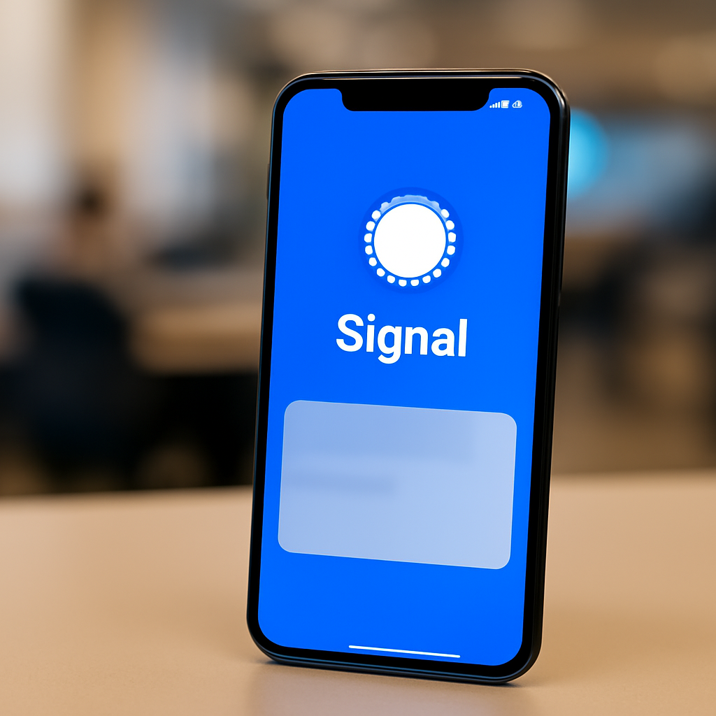 Smartphone with Signal app open on screen in a public setting.