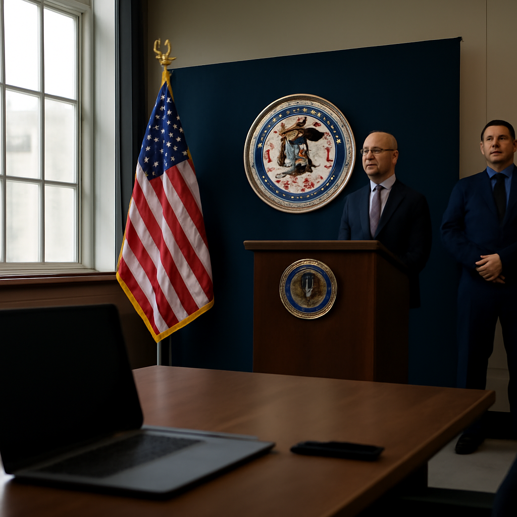 Government agency setting with laptop on table, hinting at technology.