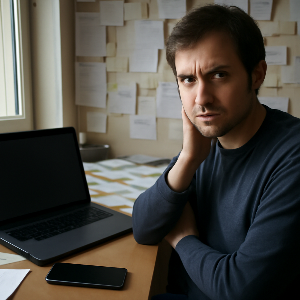 Person sits at cluttered desk, looking cautiously at blank laptop and smartphone screens.