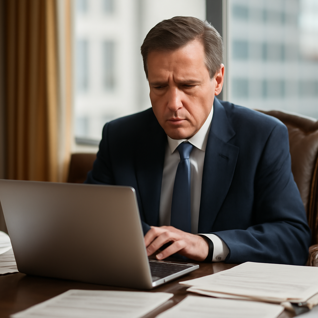 High-profile individual sits at desk with laptop, hands poised over keyboard.