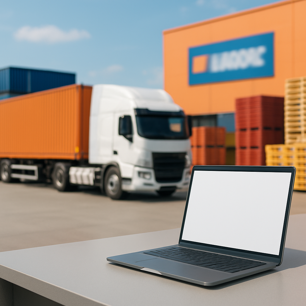 Semi-truck and trailer in a brightly-lit shipping yard with cargo containers in the background.