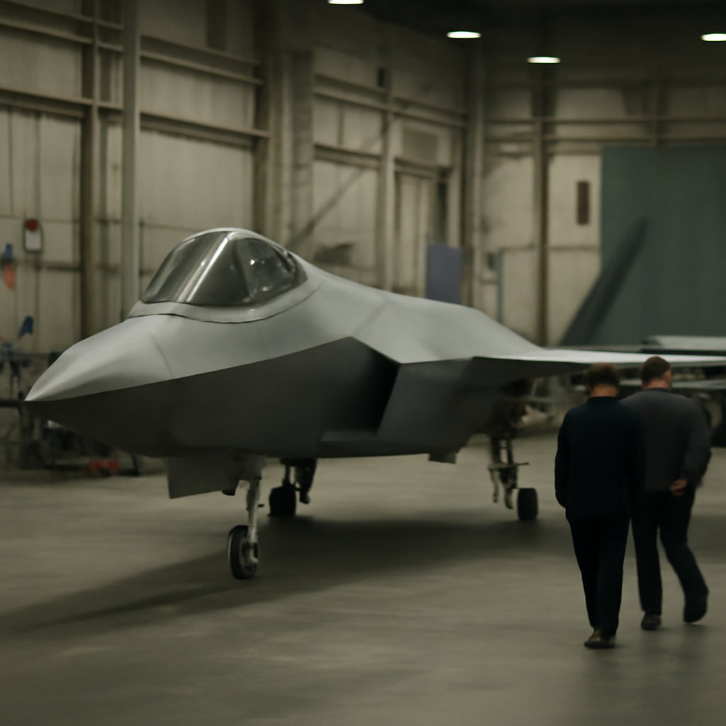 A sleek, modern fighter jet sits idle in a dimly lit industrial setting.