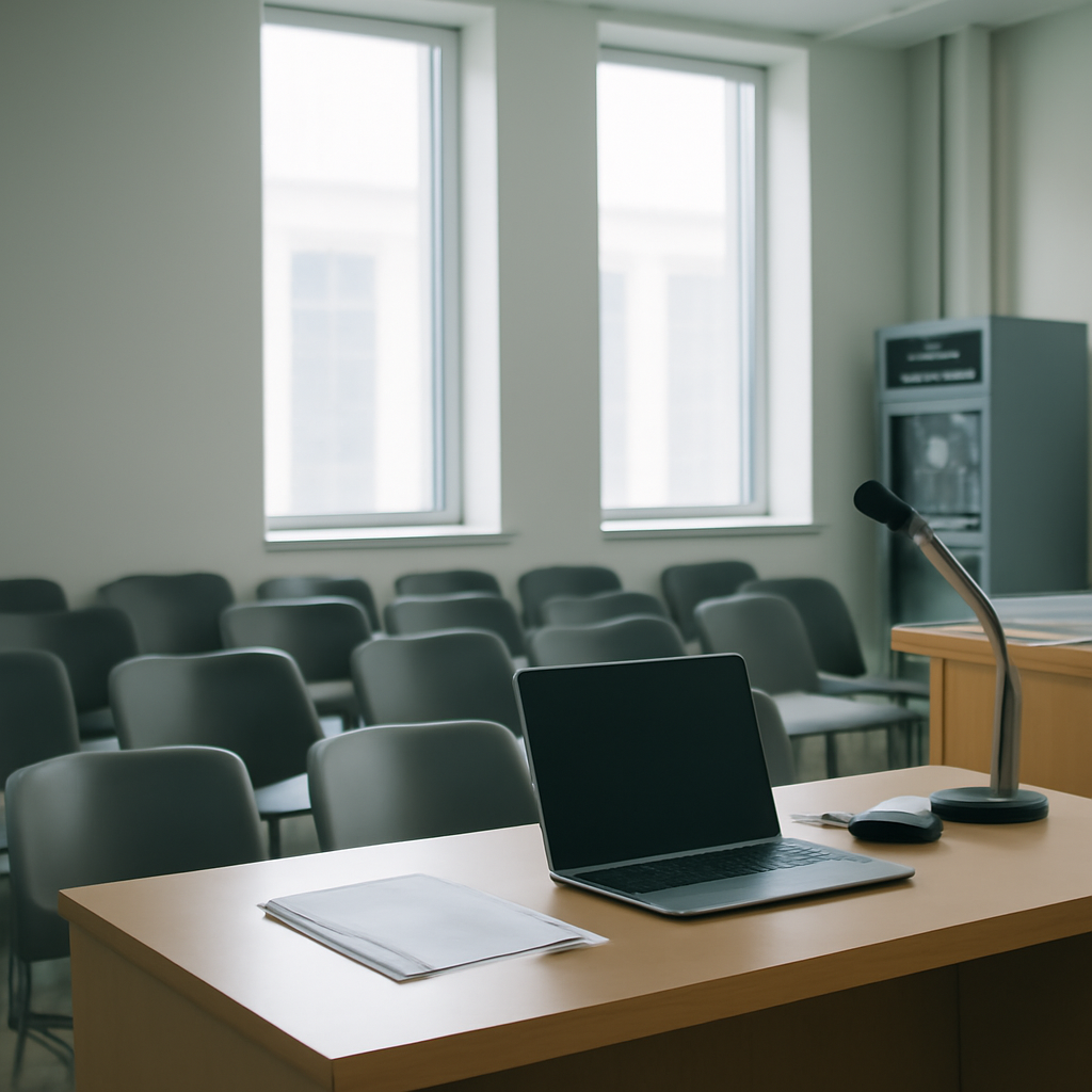 Empty chairs face a podium with papers and electronic devices in a regulatory office.