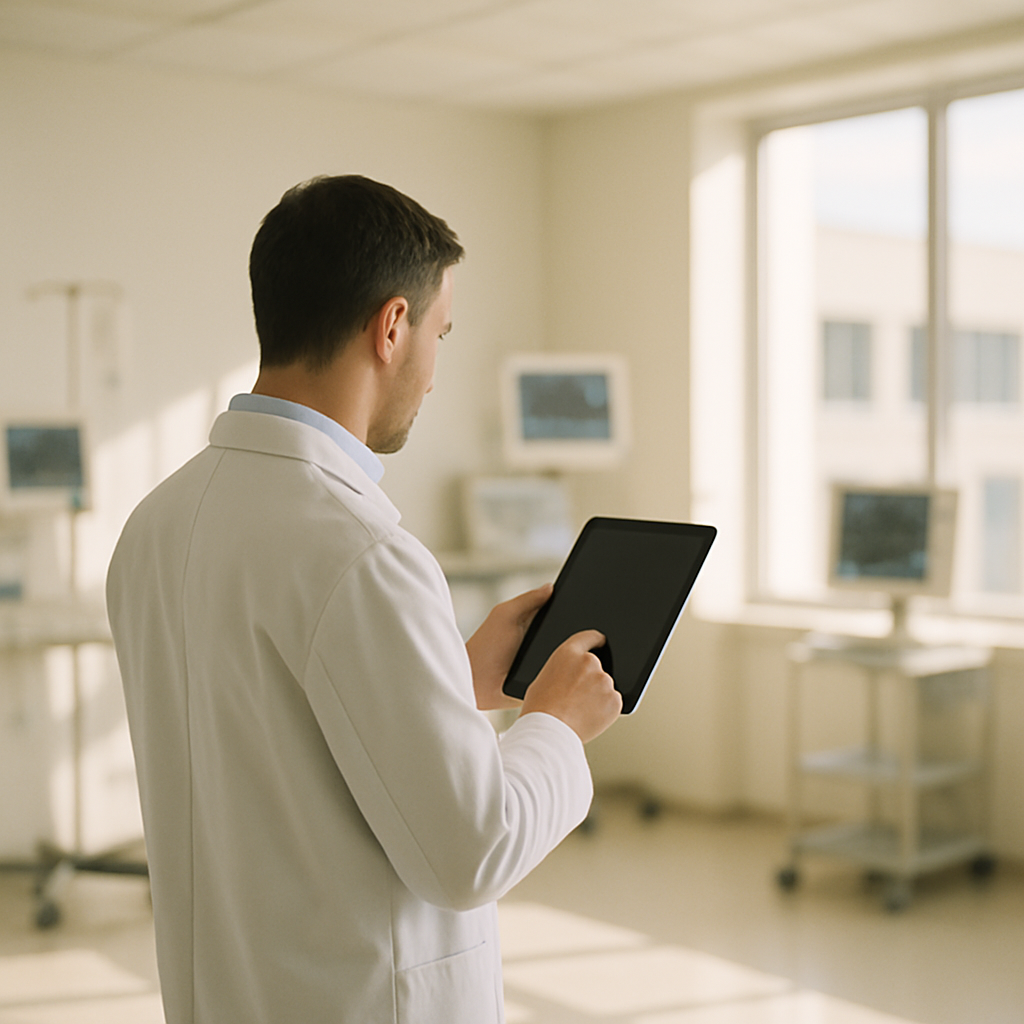 Researcher in a lab coat examines a tablet near a window in a clinical trial facility.