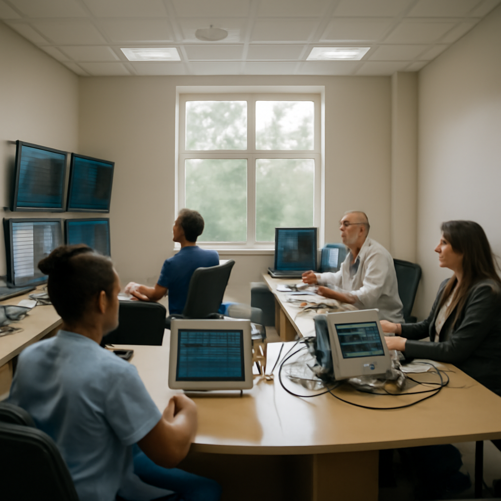 People in a healthcare or government office setting surrounded by screens and equipment.