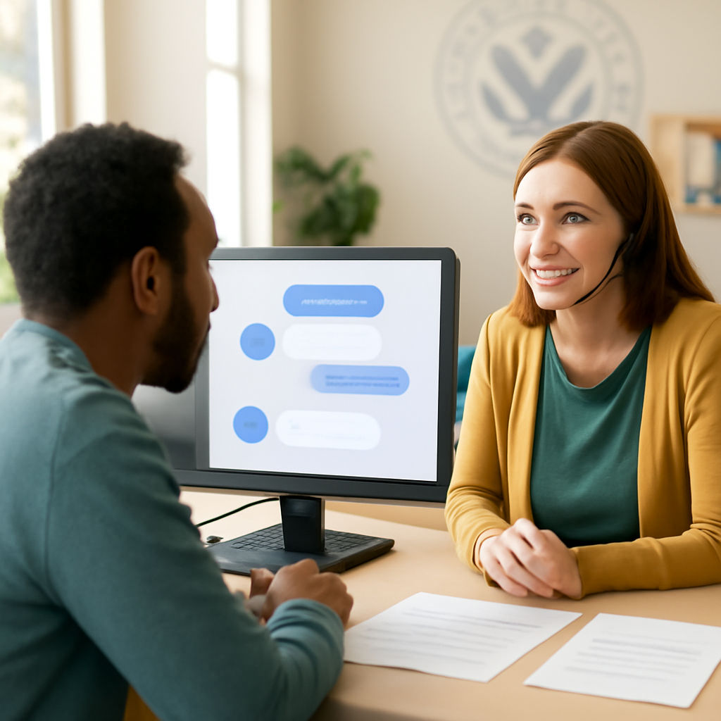 Customer service representative assisting diverse individual at modern public service office with conversational interface…