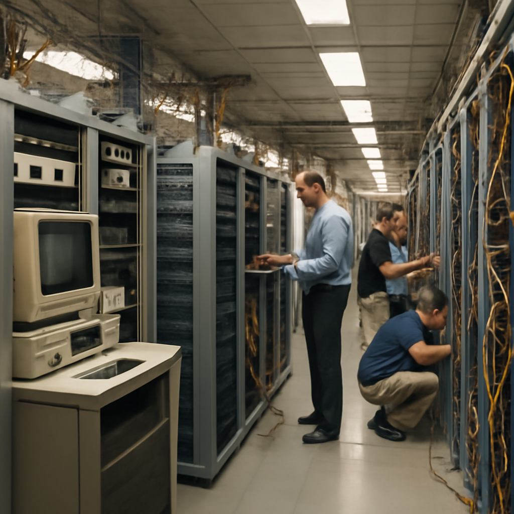 Federal building data center with rows of computer servers, technicians working amidst cables and mixed old and new…