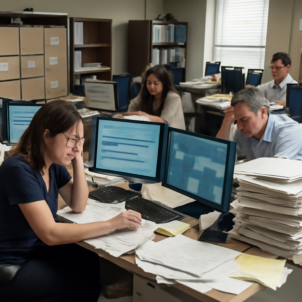 Cluttered office desks with papers, computer monitors, and digital tools convey a sense of operational strain.