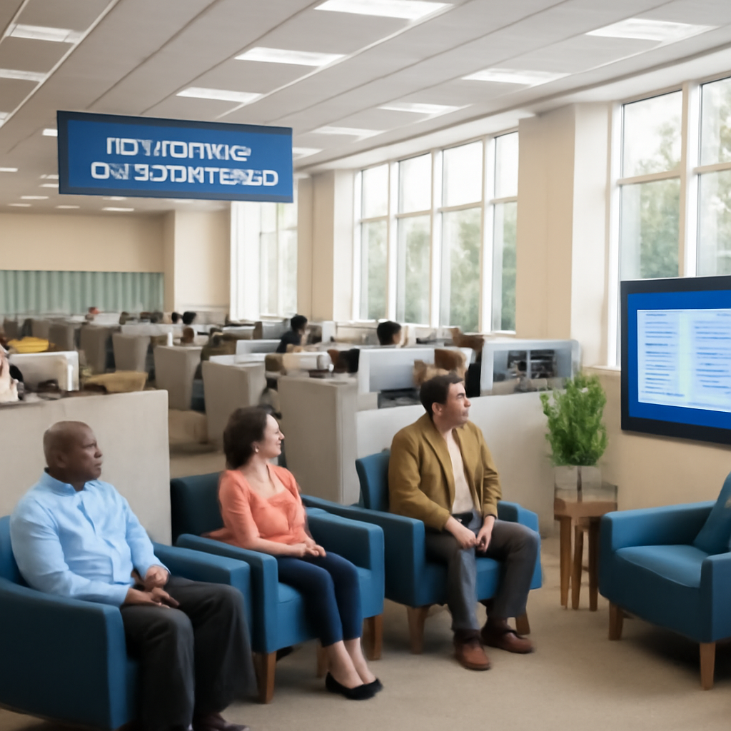 Modern government contact center with agents working and citizens waiting in a comfortable area.