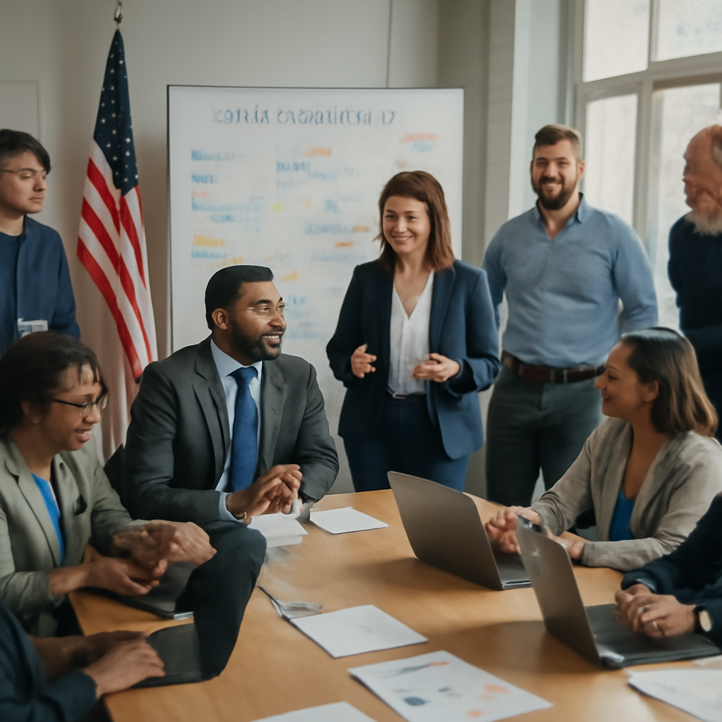 Diverse group of employees collaborate around conference table with laptops and notes.