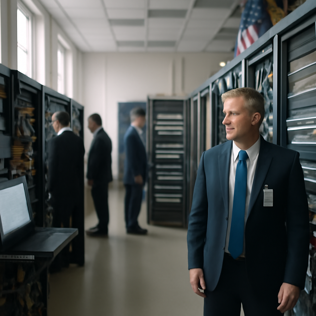 Federal agency personnel walk through a data management room with rows of servers and networking gear.