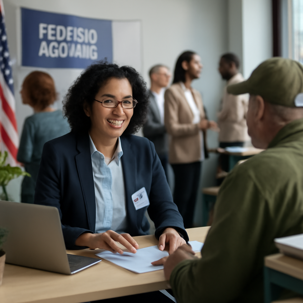 Federal service representative at a desk helps diverse group of people in the background.