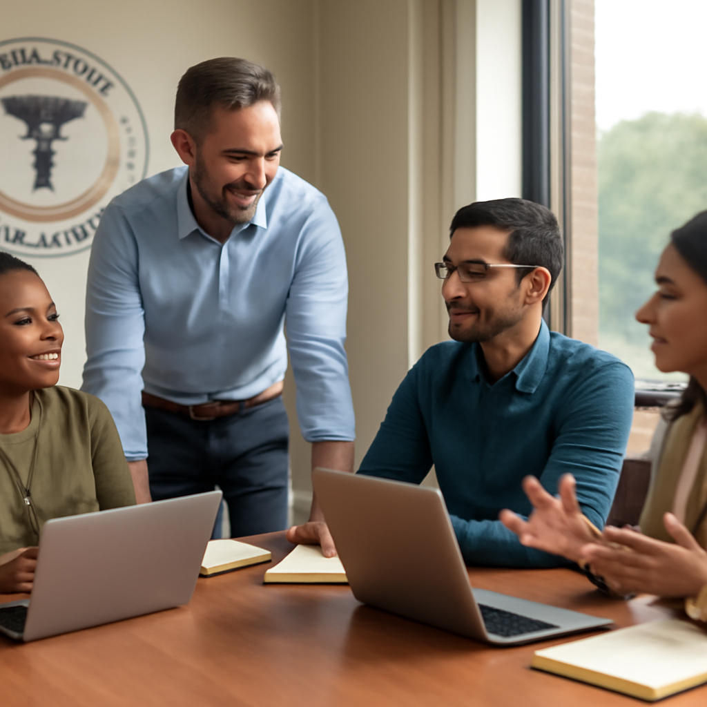 Diverse group of people collaborate around a conference table with laptops and notes in a bright office setting.