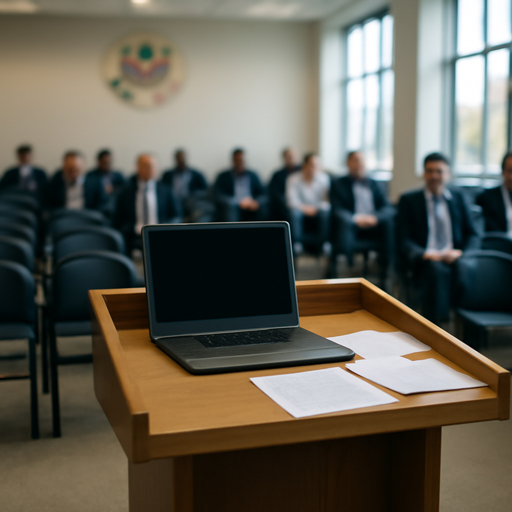 Federal agency conference room with podium, laptop, and papers, bathed in natural light.