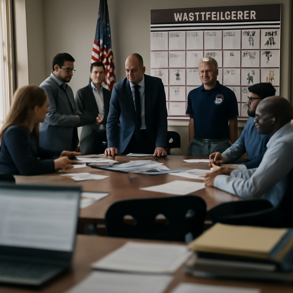 Government employees and contractors meet around a conference table with a calendar showing a looming September deadline.