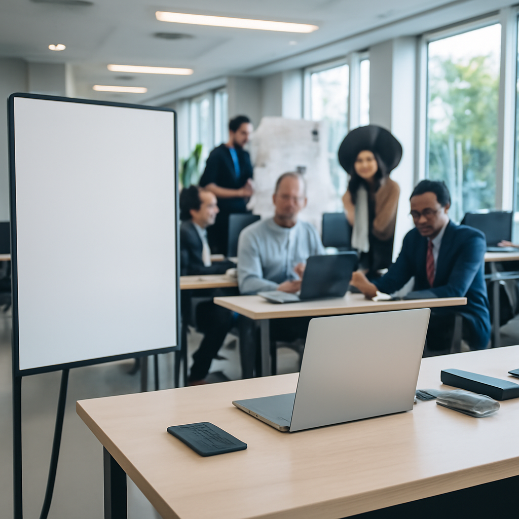 Modern government office with collaborative workspace and technology equipment.