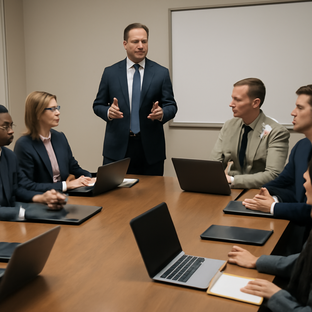 Government and private sector officials discuss IT strategies in a conference room.