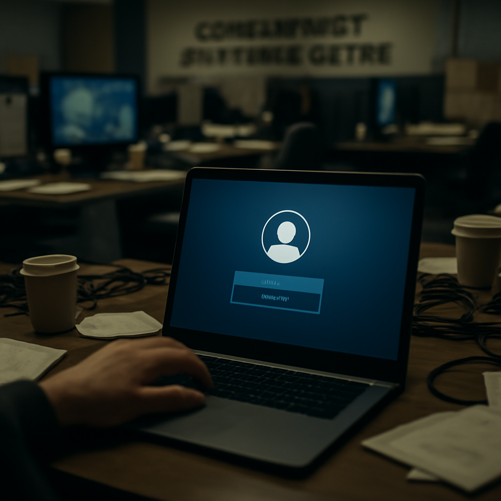 Government operations center with a brightly lit laptop screen displaying a login interface.