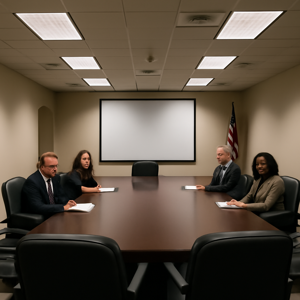 A nearly empty federal agency office with a few people seated at a table and a blank whiteboard in the background.