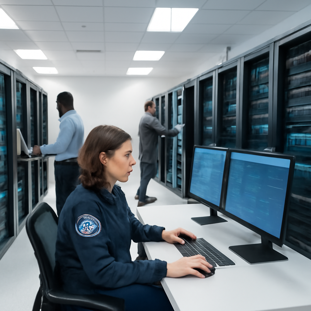 Rows of secure computer servers and networking equipment in a well-organized data storage room.