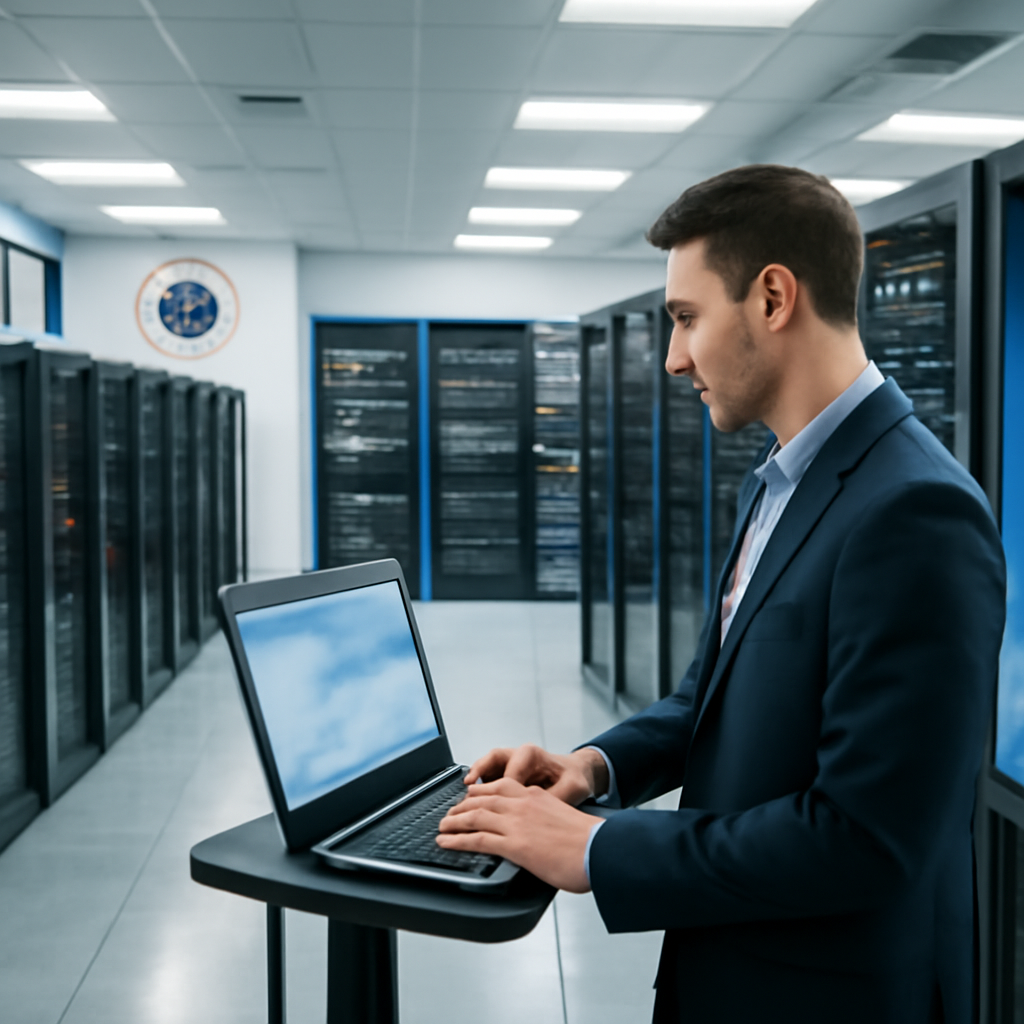 Government employee works on laptop in secure data center with server racks.